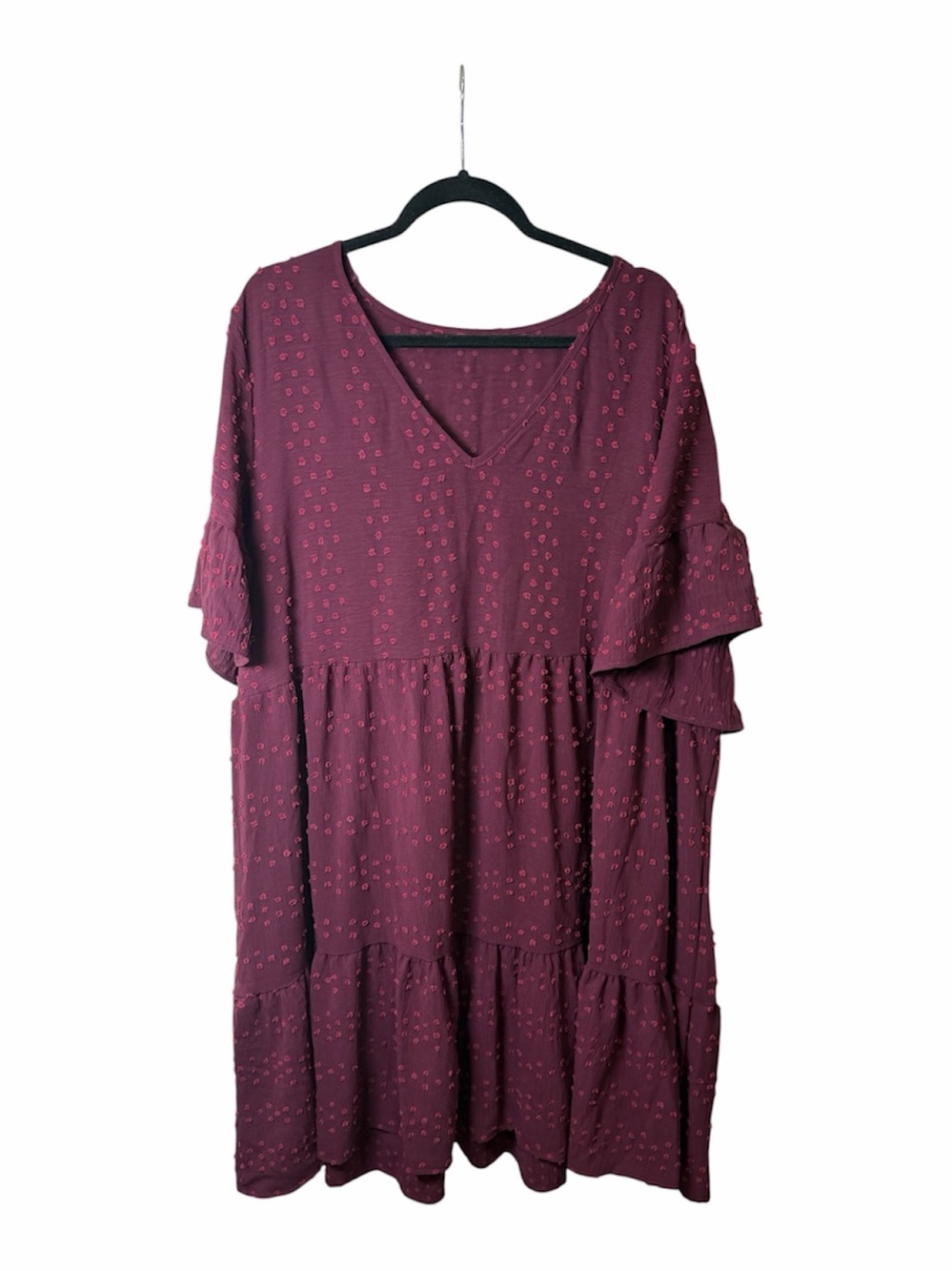 Burgundy Swiss Dot V-Neck Tiered Swing Boutique Dress. Size XXL. Fall Dress.